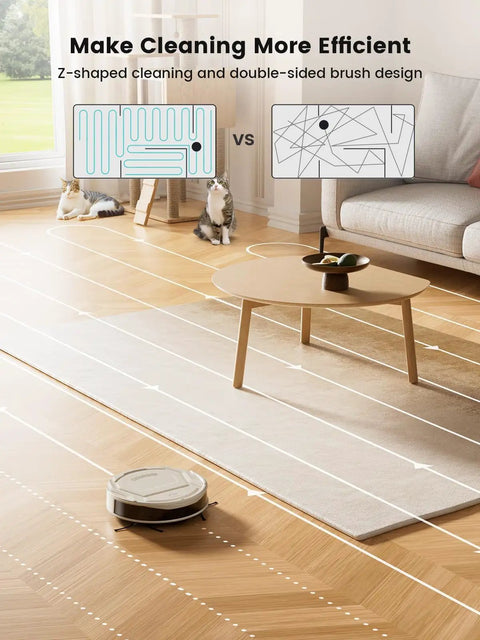 Pet Hair Slaying Slim Robotic Vacuum With Strong Suction Up To 4000Pa navigating on hardwood floor next to a carpet with cats in the room.