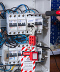No Fuss Lockout Tagout Station And Group Safety Kit Featuring Osha Compliant Pads Hasps Tags And Hooks Job Site Ready Hanging Board with lockout tag in electrical panel.