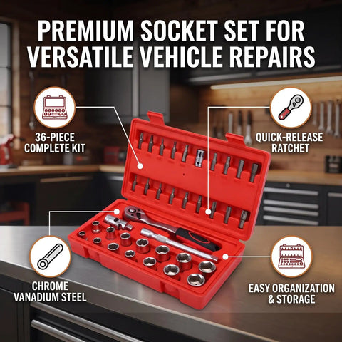 Knock Out Tough Shop Tasks With This Badass 3/8 Inch Drive 36 Piece Socket Ratchet Wrench Set Packing Smooth Chrome Steel Extensions And Universal Joints For Every Home Garage Project in red case.