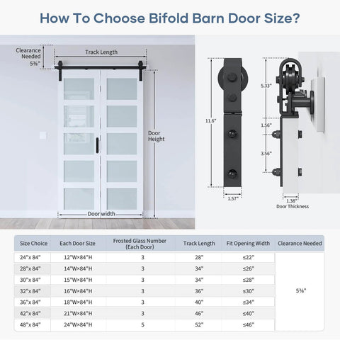 How to choose bifold barn door size guide with frosted glass panel, track length, and door thickness dimensions shown.
