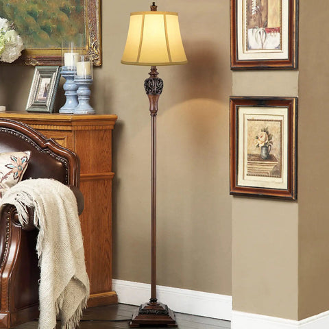 Vintage Floor Lamp With Rotary On Off Switch For Easy One Hand Use in living room, 63.8in tall, resin brown stand, white fabric shade.