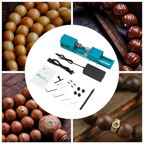 Mini Wood Lathe Machine With A Hella Strong 96W Copper Motor Spinning At 9000 Rpm for crafting with included accessories on display.