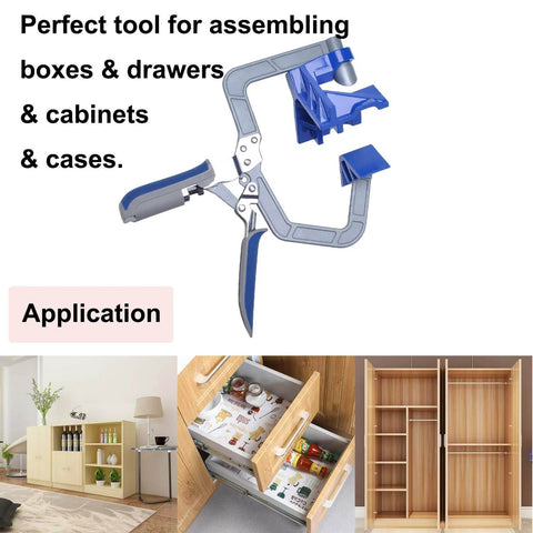 90 Degree Corner Clamp Set For Woodworking, Right Angle Jig, shown in application for assembling cabinets and drawers.