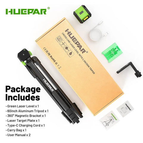 Rechargeable Green Cross Line Laser Level With 100Ft Reach, Self Leveling, 110 Degree Horizontal And Vertical Beams, Includes 60 Inch Tripod, Magnetic Bracket, Target Plate, Pro Grade Tool For Picture Hanging And Do It Yourself Home Projects, with tripod and accessories