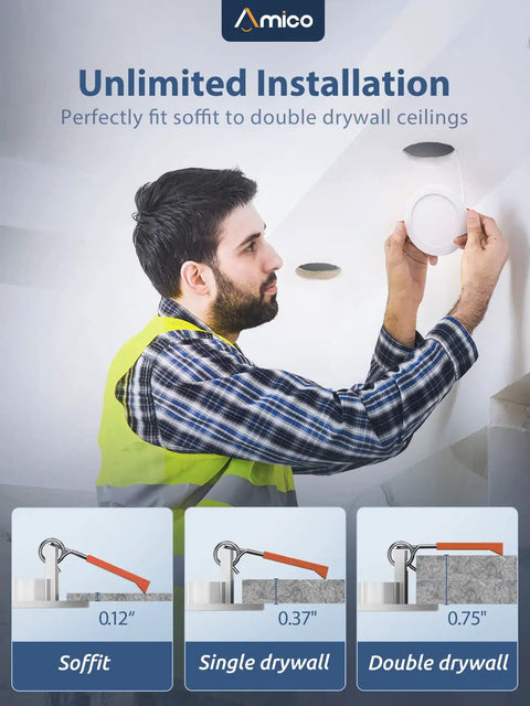 Man installing Six Pack 4 Inch Ultra Thin LED Recessed Ceiling Light With Junction Box 5 CCT Selectable in drywall and soffit.