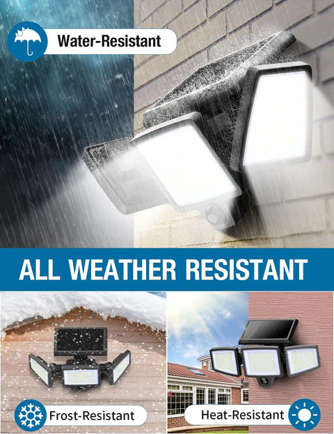 Solar Flood Lights With Motion Sensor, 210 LED 2500LM 6500K, all-weather IP65 on building with rain and snow.