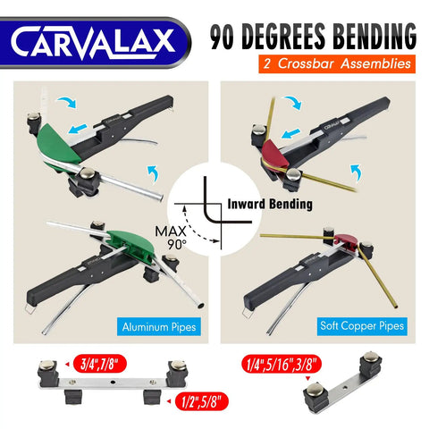 Carvalax Pipe Tube Bender Set For 1/4 To 7/8 Inch O.D. LITE Version showing 90 degrees bending guide with aluminum and copper pipes.