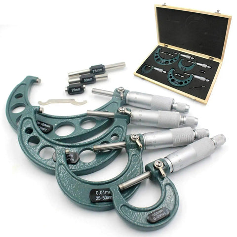 Four Piece Outside Micrometer Set 0 To 100mm With 0.01mm Graduation Carbide Tips Hardened Spindle And Easy Readouts For Quick Accurate Machinist Measurements