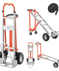 Heavy Duty 4 In 1 Hand Truck Dolly With 1000 Lb Capacity shown in multiple modes and angles with non-slip handle and aluminum alloy frame.