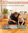 Parent and child playing with Double Sided 56 Slot Car Storage Case With Foldable Play Mat For 1 64 Scale Diecast Cars