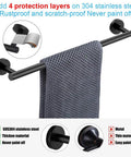 Self Adhesive Matte Black Bathroom Hardware Set With 16 To 24 Inch Adjustable Towel Bar showing rustproof features.