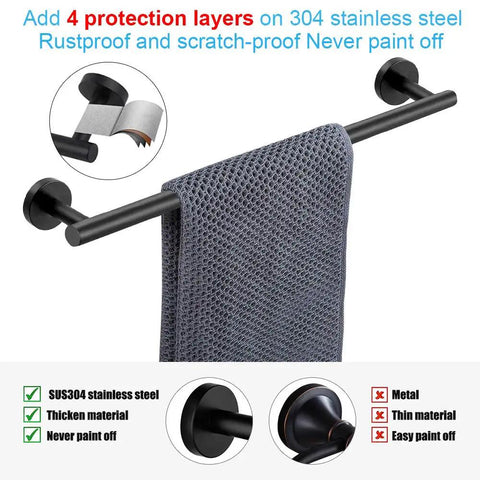 Self Adhesive Matte Black Bathroom Hardware Set With 16 To 24 Inch Adjustable Towel Bar showing rustproof features.