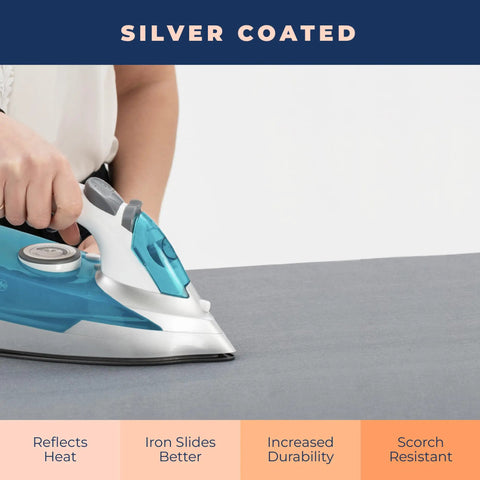 Extra Thick Ironing Board Cover And Pad With Four Layer Padding, Heavy Duty, Silver Coated Nonstick Surface, shown with iron in use.