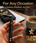 Black and gold 510 Threaded Battery Pen Soldering Kit With LED Display held in hand, coffee cup and packaging in background.