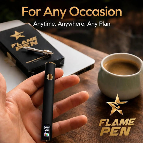 Black and gold 510 Threaded Battery Pen Soldering Kit With LED Display held in hand, coffee cup and packaging in background.