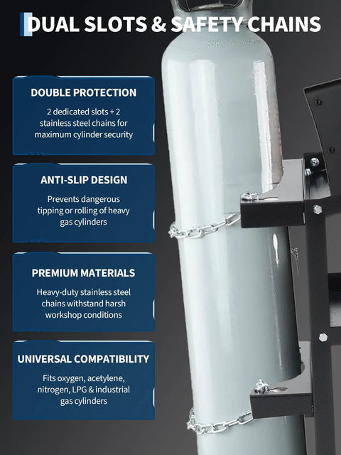Close-up of gas cylinder slots and chains on Heavy Duty Welding Cart On Wheels With Four Drawers For MIG Welder TIG Welder And Plasma Cutter 360 Degree Rolling Welders Tool Kit Cart With Gas Cylinder Storage Black