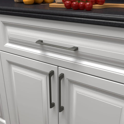 Gun Metal 10 Inch Center Cabinet Handles 10 Pack Solid Stainless Metal Drawer Pulls For Kitchen Bathroom Home Decor Durable Modern Hardware Etna Collection on white cabinet.