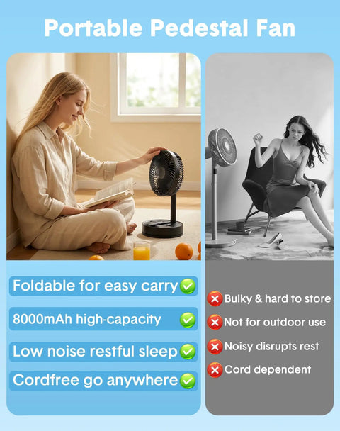 Woman using Boss Level All In One Portable Oscillating Fan with Eight Inch Head while reading in bedroom next to window