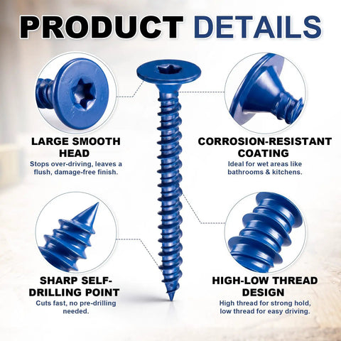 Heavy Duty Blue Ceramic Wood Screws For Backer Board And Cement Tile, A Hella Solid 1000 Pack Of 1-5/8 Inch Fasteners with large head and self-drilling point.