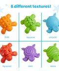 Tactile Turtles Math Activity Set for Toddlers and Preschoolers, 6 textured turtles shown in different colors and patterns.