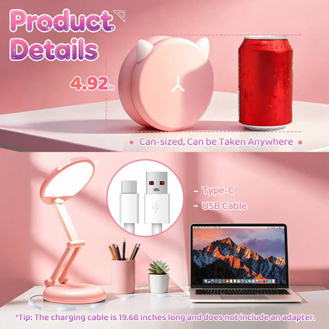Pink Foldable Desk Lamp For Dorm Rooms And College Girls Rechargeable And Dimmable Portable Cat Lamp Kawaii Cute Nightstand Light
