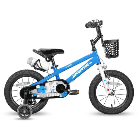 14 Inch BMX Style Kids Bike Pluto With Training Wheels For Boys And Girls, Adjustable Seat, Front Basket, Blue