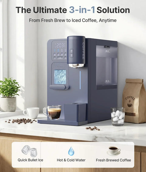 3 In 1 Water Dispenser With Ice Maker And Coffee Brewer Hot Cold And Warm Water On Demand Bullet Ice Ready In Minutes K Cup Pod Compatible Compact on kitchen counter