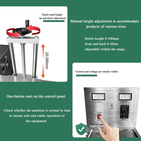Manual height adjustment features of Heavy Duty Automatic Electromagnetic Induction Sealer for Plastic and Glass Bottles.