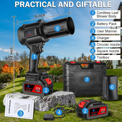 Cordless Leaf Blower Kit With 2x 3.0Ah Batteries And Charger displayed with accessories on lawn