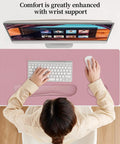 Person using computer with 3 In 1 Large Keyboard And Mouse Pad Set With Ergonomic Wrist Rests, Waterproof Non Slip Base Desk Mat For Computer, Purple Pink Color, 31.5 Inch By 15.7 Inch, Ideal For Gaming And Office Use