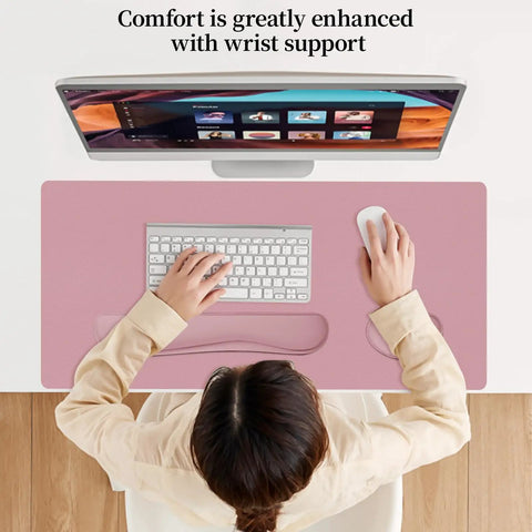 Person using computer with 3 In 1 Large Keyboard And Mouse Pad Set With Ergonomic Wrist Rests, Waterproof Non Slip Base Desk Mat For Computer, Purple Pink Color, 31.5 Inch By 15.7 Inch, Ideal For Gaming And Office Use