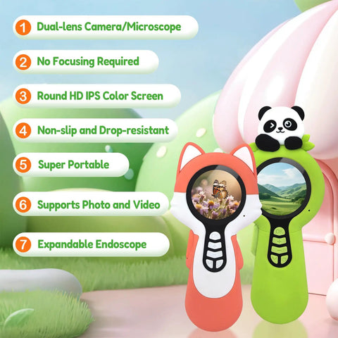 Kid Friendly Grab And Go Microscope Camera Kit With Endoscope Dual Cameras, Pocket Mini Digital Microscope For Boys And Girls, Autofocus Educational Toy For Christmas Birthday, Easy To Use Science Kit For Ages 3 5 7 8 12 Fox, shown with dual handheld units