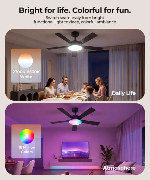 Smart 52 Inch Rgb Cw Led Ceiling Fan With Remote App Voice Control Hella Quiet Dc Motor Energy Saving Breezy Airflow Modern Living Room Bedroom Lighting In Black showcasing daily and atmospheric lighting settings.