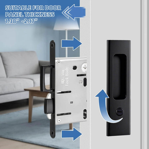 Privacy Pocket Door Lock Hardware For Wood Doors, Invisible Sliding Door Lock With Keys, Recessed Handle Latch shown installed