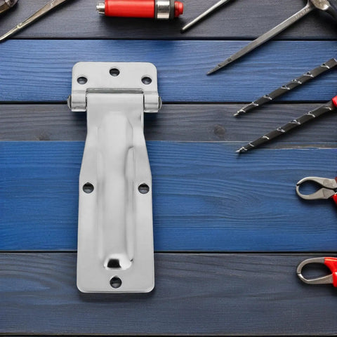 Heavy Duty Stainless Steel Hinge Set For Utility Truck Bins And Box Doors Weatherproof Design For Harsh Outdoor And Coastal Environments Sturdy Dump Trailer Door Hinges Easy Install Marine Grade Corrosion Resistant, stainless hinge on blue boards