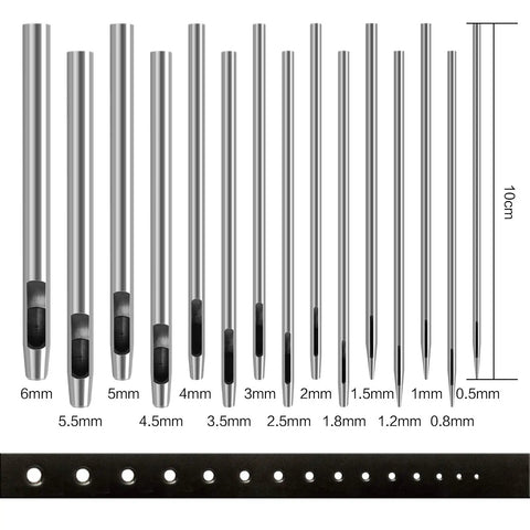 15 Piece Leather Hole Punch Kit With Hollow Steel Punches For Belts, Watch Straps, Canvas, Paper And Plastics, 0.5mm to 6.0mm