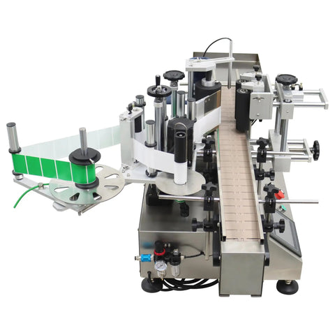 Automatic Desktop Conveyor Labeler For Round Bottles High Speed 110 Volt Label Applicator Featuring No Sweat Setup, showing label applicator and conveyor system.