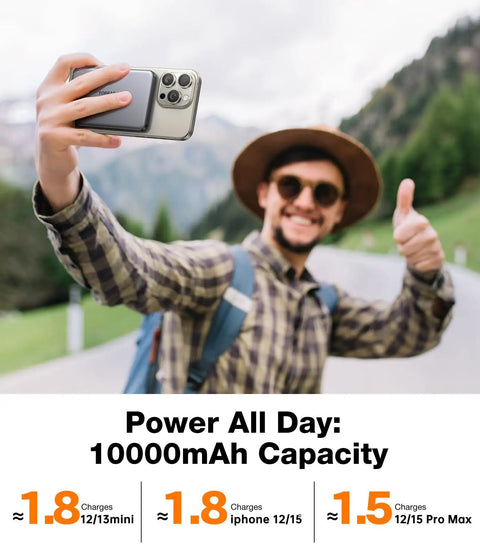 Young man taking a selfie outdoors with Snag This Ultra Slim Magnetic Wireless Power Bank With 10000mAh Juice And 22.5w Rapid Boost.