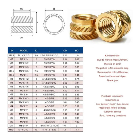 Heat Insert Nut Kit 50 Pieces M2 To M6 Brass Knurled Hex Socket Threaded Inserts For 3D Printing And DIY Projects Predrill Holes With Easy Hot Melt Installation, brass threaded inserts with size chart