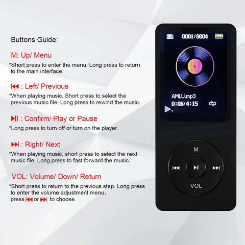 Interface of the 32GB Portable MP3 Player With Speaker, Dope HiFi Lossless Sound, Built-In Earphones, showing buttons guide and screen.