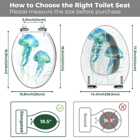 Cosmic Pattern Resin Elongated Toilet Seat for Bathroom size guide with measurement details and jellyfish design