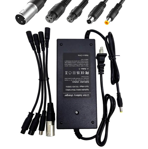 42V 2A Universal Charger With Five Plugs For 36V Li Ion Battery Packs 10S Compatibility For Razor Swagtron Gotrax Ninebot Segway Hiboy And More 3 Prong DC Interface 8mm 12mm RCA XLR