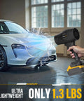 Cordless Leaf Blower With 20V Max Battery Compatibility, 430 CFM And 125 MPH Powerful Airflow used near a car, ultra lightweight 1.3 lbs.