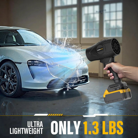 Cordless Leaf Blower With 20V Max Battery Compatibility, 430 CFM And 125 MPH Powerful Airflow used near a car, ultra lightweight 1.3 lbs.