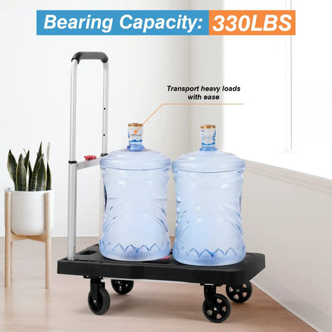 Foldable Platform Hand Truck Cart With 330 Pound Capacity carrying water bottles in room