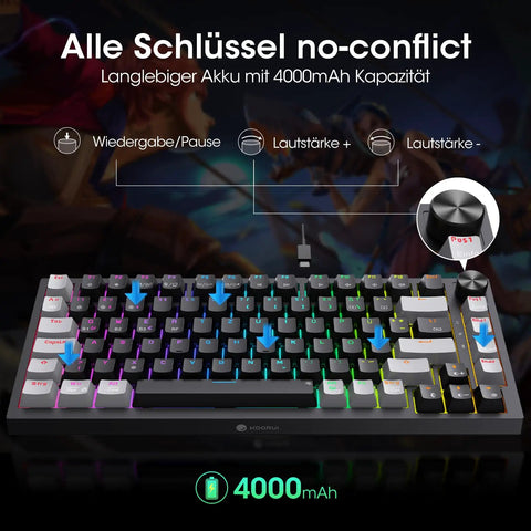 Slick Tri Mode Mechanical Keyboard With Snappy Blue Switches, Wireless Bluetooth And Fast Wired Connection, Clean 82 Key Profile, Hype Rgb Lighting, Beast Mode Battery Power For Serious Typing And Gaming showing key layout and RGB lights.