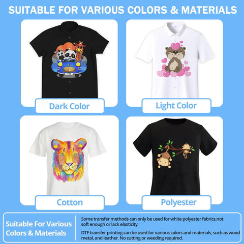DTF Transfer Film For Sublimation 30 A4 Sheets 8.3x11.7 Inches compatible with cotton and polyester fabrics in various colors