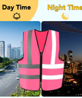 Rock This Neon Pink Three Pack Reflective Safety Vest For Men And Women Featuring Bold Two Inch Strips For Genuine High Visibility Coverage On Active Job Sites And Nighttime Outdoor Tasks Stay Safe Out There Straight Up Every Single Day displayed in day and night settings