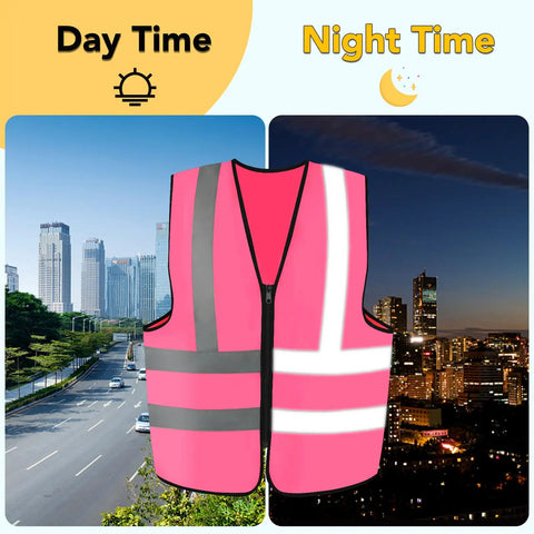 Rock This Neon Pink Three Pack Reflective Safety Vest For Men And Women Featuring Bold Two Inch Strips For Genuine High Visibility Coverage On Active Job Sites And Nighttime Outdoor Tasks Stay Safe Out There Straight Up Every Single Day displayed in day and night settings