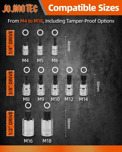 XZN Triple Square Spline Bit Socket Set 10 Piece Metric M4 to M18 in Chrome Vanadium Steel displaying socket sizes and drives.